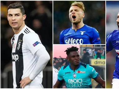 Berikut ini daftar pencetak gol terbanyak sementara Serie A 2019. Striker Sampdoria, Quagliarella, menduduki posisi teratas dengan koleksi 25 gol, sementara bintang Juventus, Cristiano Ronaldo di posisi tiga dengan 21 gol. (Foto Kolase AP dan AFP)