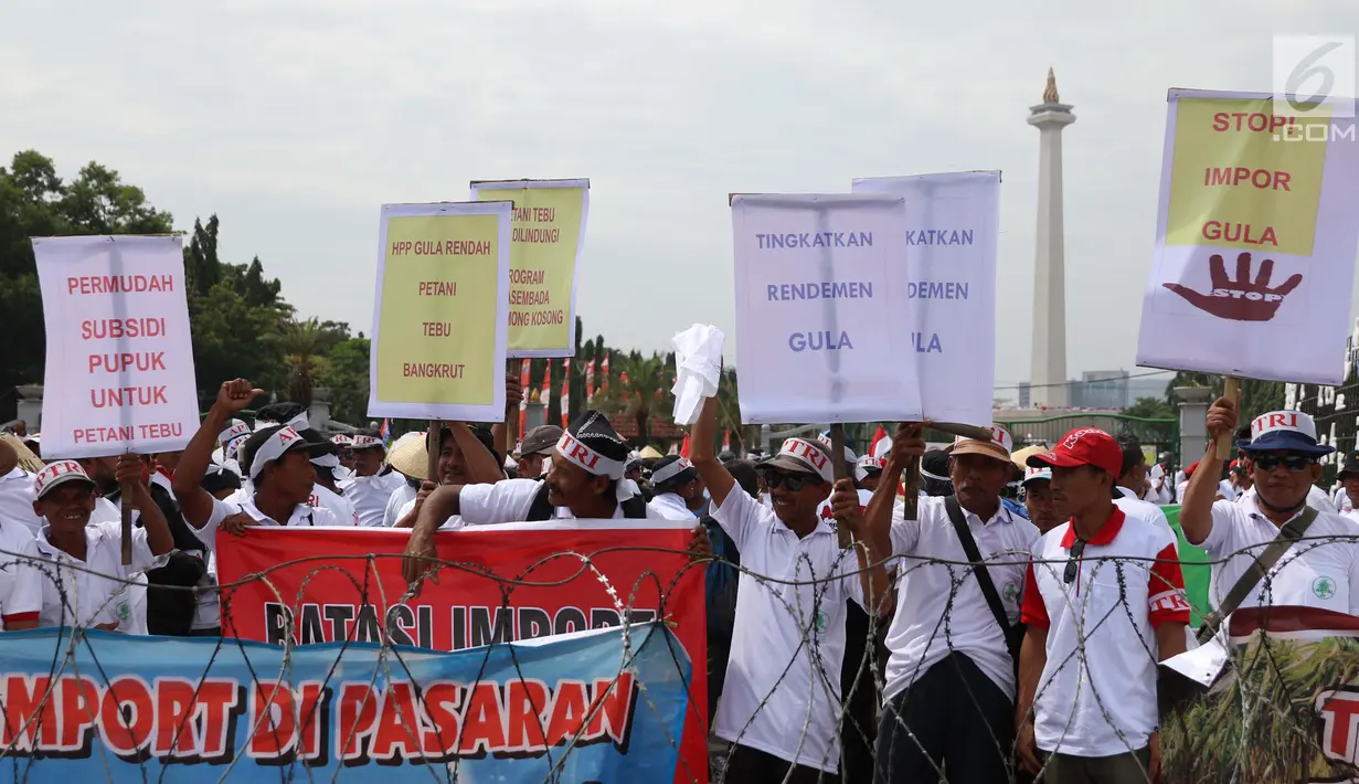 Sejumlah petani tebu menggelar unjuk rasa di depan Istana Merdeka, Jakarta, Senin (28/8).  Ribuan petani gula dari seluruh Indonesia menyatakan 16 tuntutan terkait kebijakan gula yang dikeluarkan oleh pemerintah. (Liputan6.com/Angga Yuniar)