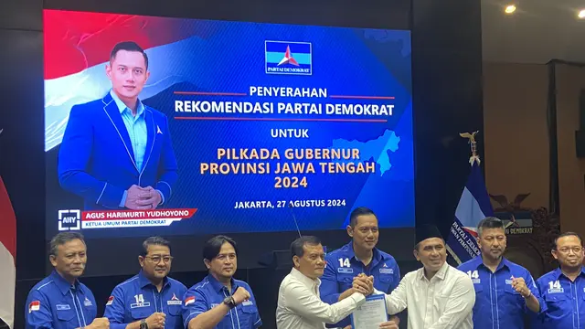 Partai Demokrat secara resmi memberikan dukungan persyaratan pemilihan kepala daerah (Pilkada) 2024 atau B1KWK ke tiga wilayah, Jawa Barat, Jawa Tengah dan Jakarta. (Liputan6.com/M Radityo Priyasmoro)