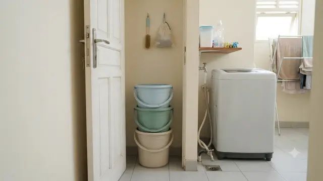 Tempat Menyimpan Ember agar Area Laundry Lebih Rapi, Jadi Ide Penataan Rumah Kontrakan Model di Belakang Pintu Laundry