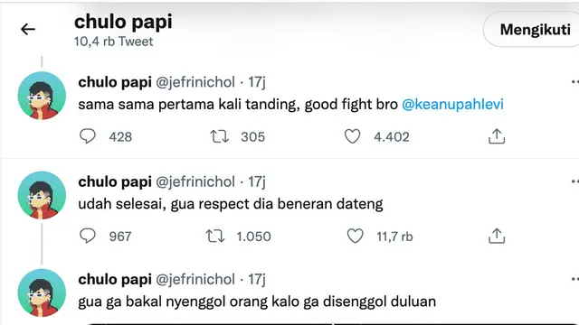 Unggahan Jefri Nichol. (Foto: Dok. Twitter @jefrinichol)