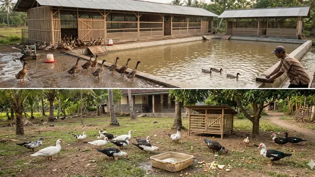 Perbandingan Ternak Itik dan Entok (Foto: Gemini AI)