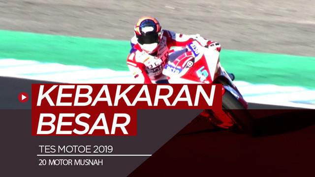 Berita video insiden kebakaran besar membuat 20 motor listrik MotoE musnah pada Kamis (14/3/2019).