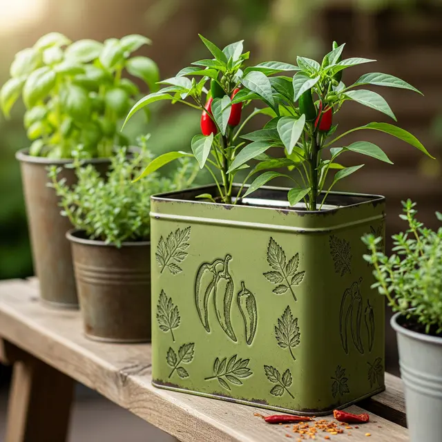 Ide Kebun Cabai di Kaleng Biskuit Bekas Gaya Rustic (AI)
