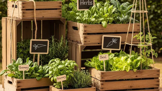 Kebun Sayur Estetik dengan Peti Kayu Bertema Rustic