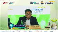 Direktur Utama Bank Mandiri Darmawan Junaidi saat paparan publik penawaran umum berkelanjutan obligasi berwawasan lingkungan berkelanjutan I Bank Mandiri Tahap I Tahun 2023 (Foto: tangkapan layar/Pipit I.R)