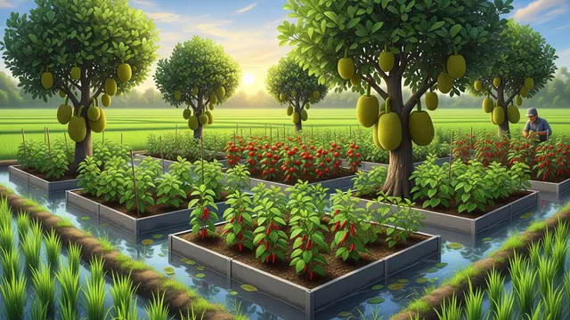 Ide Surjan dengan Pohon Buah di Sawah yang Bisa Menambah Penghasilan Petani (Gemini AI)