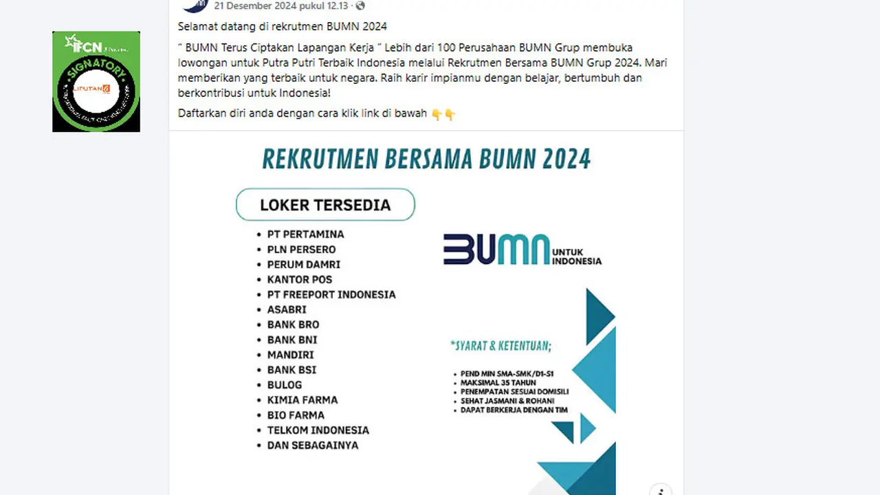 Tangkapan layar klaim link pendaftaran rekrutmen bersama 100 perusahaan BUMN