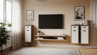 6 Ide Layout Ruang Tamu Sempit dengan Rak TV Tempel dan Lemari Tipis