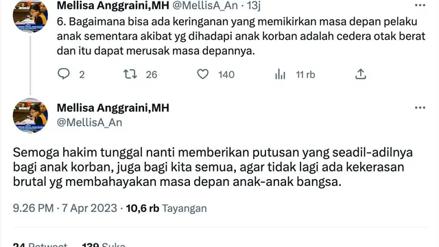 Cuitan Mellisa Anggraini pengacara David Ozora soal hukuman AG. (Foto: Dok. Twitter @MellisA_An)