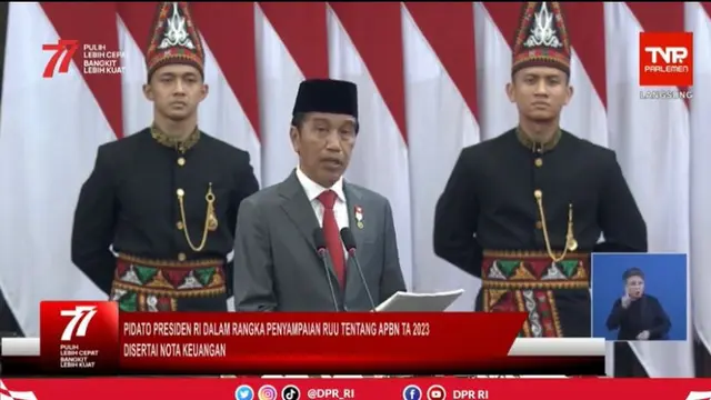 Presiden RI Joko Widodo (Jokowi) saat menyampaikan Pidato Kenegaraan di Sidang Tahunan MPR RI dan Sidang Bersama DPR-RI - DPD-RI pada Selasa (16/8/2022) (Photo credit : Youtube DPR RI)
