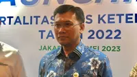 Direktur Perencanaan Strategis dan Teknologi Informasi BPJS Ketenagakerjaan Pramudya Iriawan Buntoro usai launching Tabel Mortalitas Jamsos Tahun 2022 (TMJ-22) di Jakarta, Senin (29/5/2023).