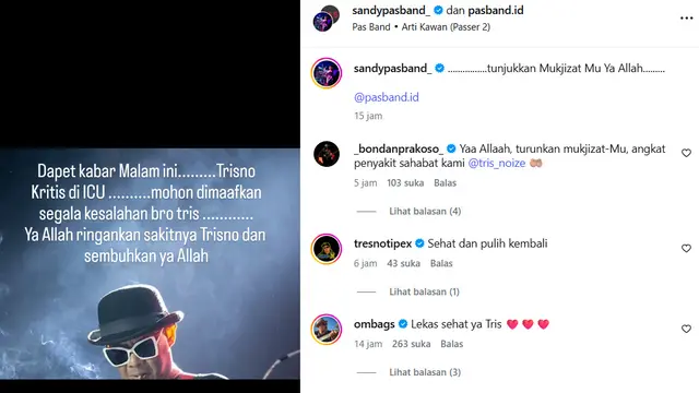 Unggahan Sandy Pas Band mengenai meninggalnya Trisno. (Instagram/ sandypasband_)