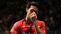 Jonatan Christie gagal melangkah ke perempat final Malaysia Terbuka 2018 setelah takluk dari pemain Prancis, Brince Leverdez, Kamis (28/6/2018). (PBSI)