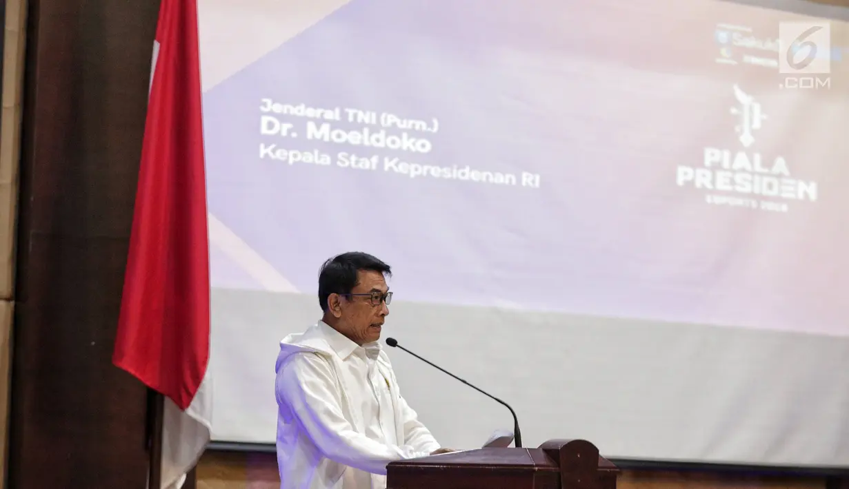 Kepala Kantor Staf Presiden, Moeldoko saat pembukaan Turnamen Piala Presiden e-Sports 2019 di Gedung Kemensetneg, Jakarta, Senin (28/1). Turnamen Piala Presiden e-Sports resmi digelar mulai Januari sampai Maret 2019. (Liputan6.com/Faizal Fanani)