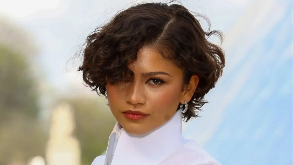 Zendaya melangkah ke show Louis Vuitton dengan potongan curly micro bob yang segar dan edgy.  [@zendayacit/@lesfacons].