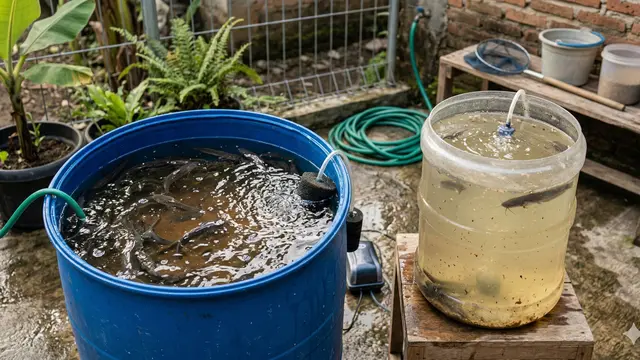 Perbandingan Ternak Lele dalam Galon vs Drum di Lahan Sempit (Foto: Gemini AI)