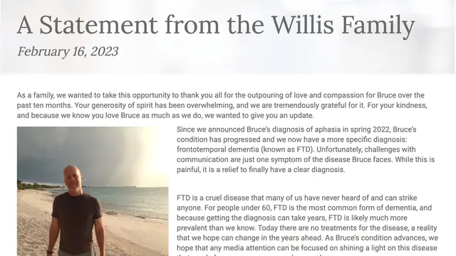 Pernyataan sikap keluarga Bruce Willis terkait vonis Demensia Frontotemporal. (Foto: Dok. theaftd.org)