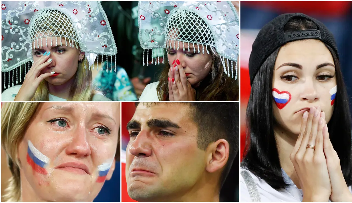 Berikut ini ragam ekspresi kecewa suporter tuan rumah Rusia usai disingkirkan Kroasia dari Piala Dunia 2018. (Foto-foto Kolase AP dan AFP)