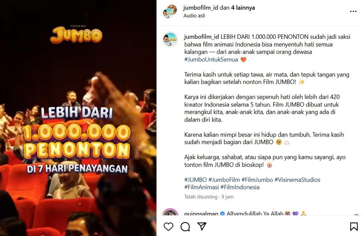 Tembus 1 Juta Penonton, 'JUMBO' Kini Jadi Film Animasi Indonesia Terlaris Sepanjang Sejarah