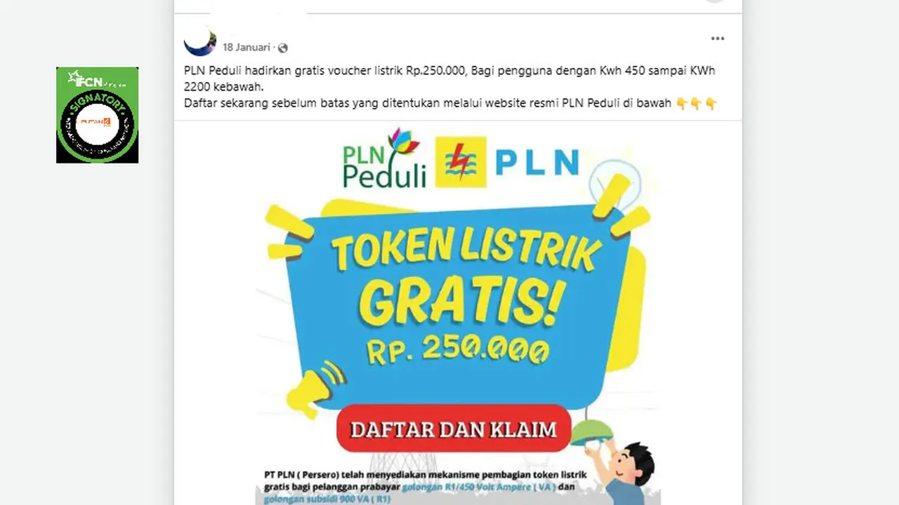 Tangkapan layar klaim pendaftaran voucer listrik Rp 250 ribu dari PLN