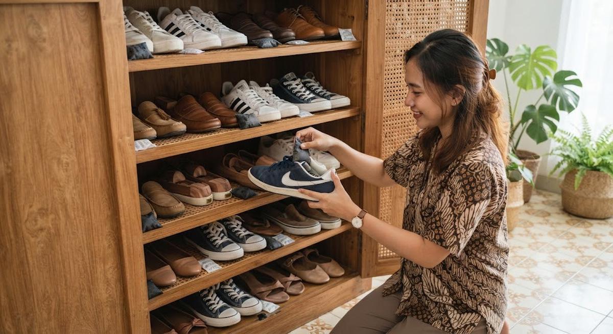 Cara menyimpan sepatu di lemari agar tidak bau dan tetap segar meski jarang dipakai, yakni dengan memeriksa sepatu secara berkala