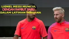 Lionel Messi dengan dandanan barunya muncul di depan publik pertama kali dalam latihan bersama Barcelona di St George's Park, Inggris.