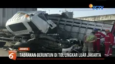 Tiga truk tabrakan beruntun di Tol Lingkar Luar Jakarta, dua orang meninggal dunia.