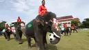 Tim gajah masuk ke lapangan untuk bertanding bola melawan tim Ayutthaya Wittayalai School di Provinsi Ayutthaya, Thailand, Selasa (12/6). Acara ini juga sebagai kampanye mengurangi maraknya judi selama Piala Dunia berlangsung. (AP Photo/Sakchai Lalit)