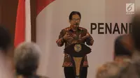 Menteri ATR/BPN Sofyan A. Djalil memberi sambutan saat penandatanganan kerjasama dengan PT Pegadaian (Persero)  di Jakarta, Rabu (18/4). Penandatanganan itu bentuk kerjasama di bidang pertanahan dan tata ruang. (Liputan6.com/Angga Yuniar)