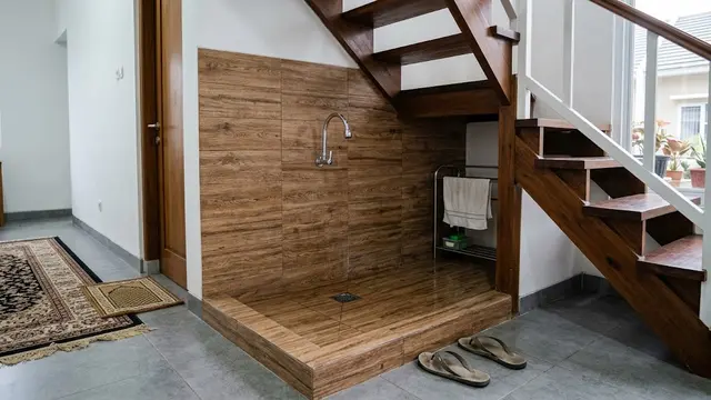 Model Tempat Wudhu dengan Keramik Motif Kayu/AI Generated