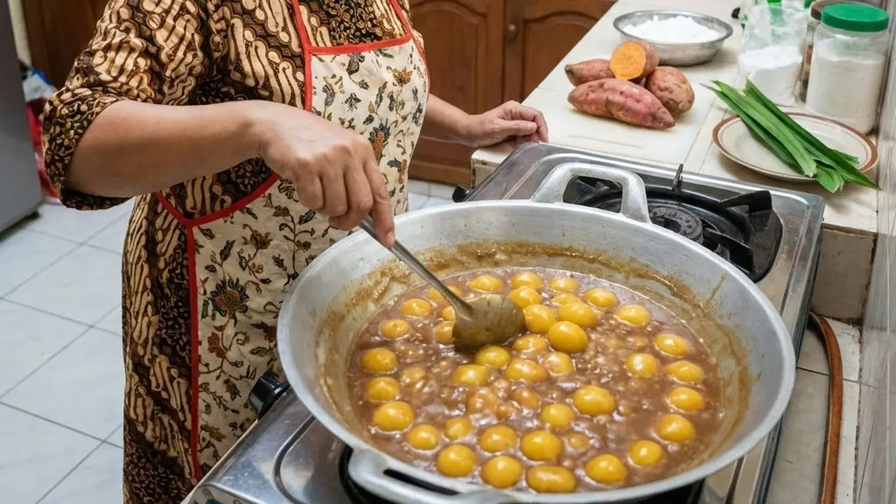 membuat bubur candil yang kenyal di dapur (Gemini AI)