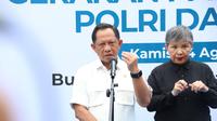 Menteri Dalam Negeri (Mendagri) Muhammad Tito Karnavian Launching Gerakan Pangan Murah Polri dan Bulog di Lapangan Bulog Kanwil Jakarta dan Banten, Jakarta Utara, Kamis (14/8/2025).