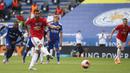 Leicester City vs Manchester United, (27/7/2020). Merupakan laga penentuan head to head dengan Leicester City untuk memperebutkan satu tiket ke Liga Champions. Hasil akhir, Manchester United menang 2-0, dimana Bruno Fernandes membuat 1 gol melalui tendangan penalti. (Pool via AP/Carl Recine)