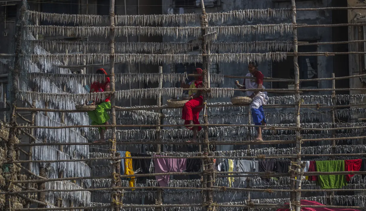 Sejumlah nelayan wanita menggantung ikan di tiang bambu untuk dijemur di koloni nelayan di Mumbai, India, Rabu (29/12/2021). (AP Photo/Rafiq Maqbool)