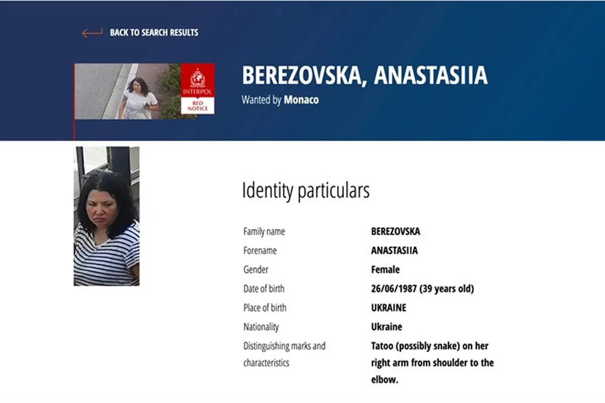 Tangkapan layar laman Interpol yang menampilkan Red Notice atas nama Anastasiia Berezovska, perempuan asal Ukraina yang menjadi tersangka pengeboman di Monako.