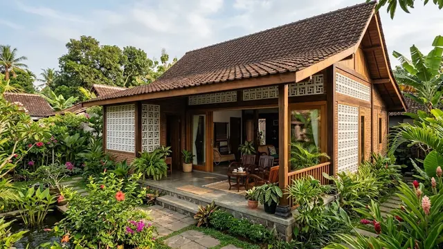 Ide Rumah Kampung dengan Bukaan Besar dan Tanaman/AI Generated