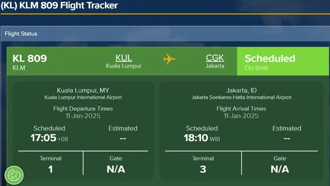 <p>Pesawat yang diduga ditumpangi pelatih Timnas Indonesia, Patrick Kluivert, dari Amsterdam ke Jakarta. (Bola.com/Dok.Tangkapan layar Flight Stats).</p>