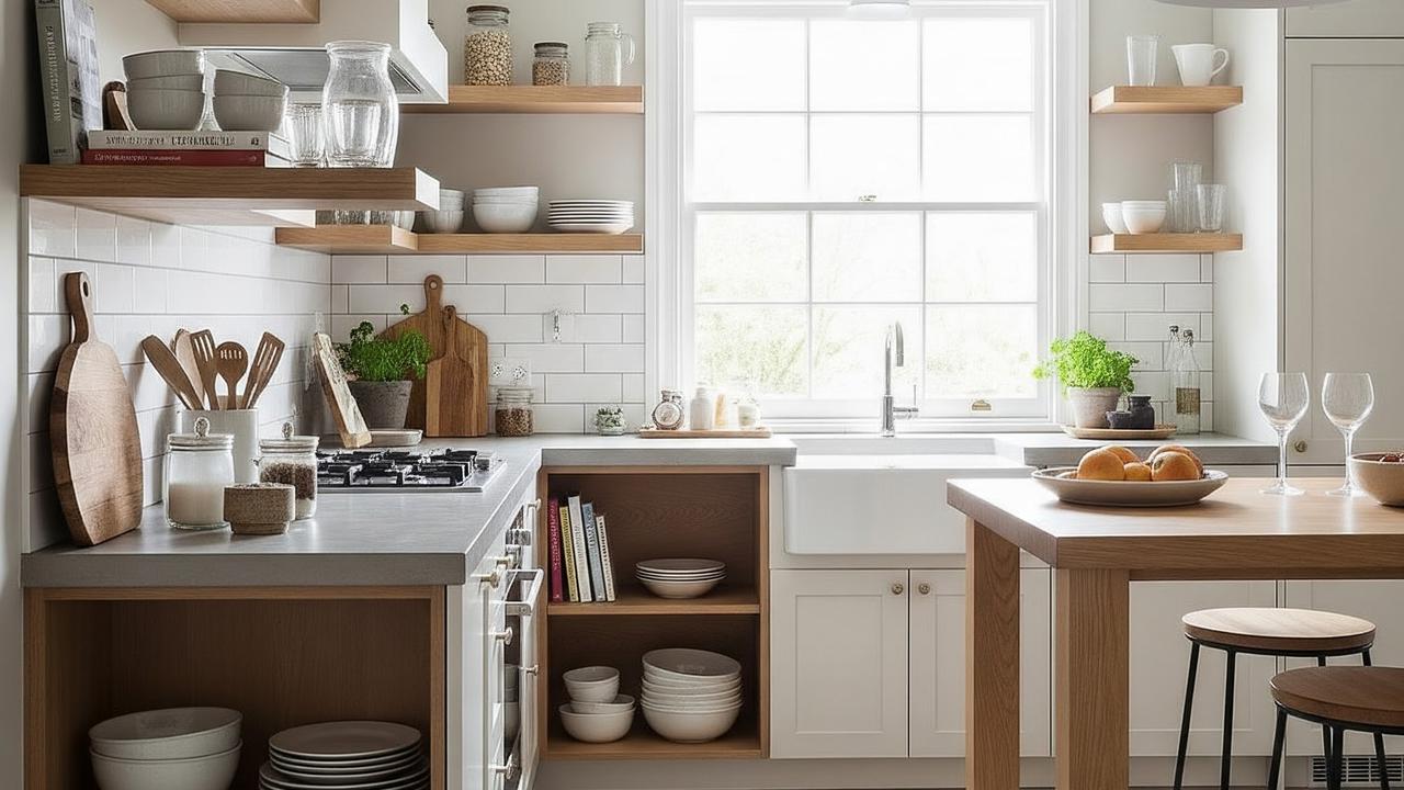 Dapur Kecil dengan Rak Terbuka dan Warna Netral (Image by Gemini AI)