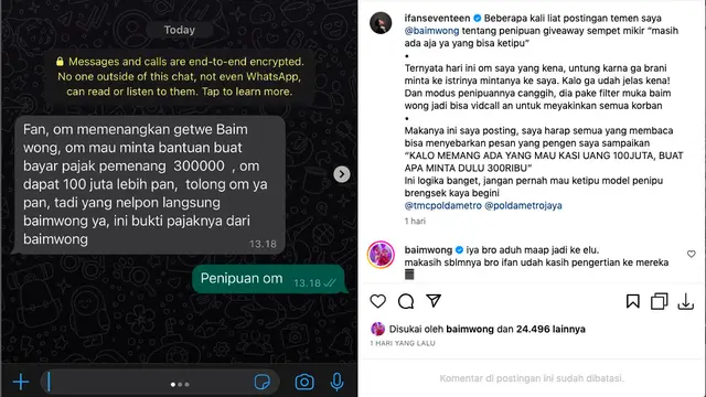 Penipuan Mengatasnamakan Baim Wong Makin Meresahkan, Paman Ifan Seventeen Hampir Jadi Korban