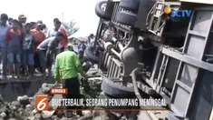 Sebuah bus pengangkut rombongan pengajian yang hendak berwisata terbalik di Jalan Lintas Curup Lubuk Linggau, Bengkulu.