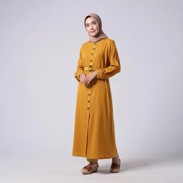 Model Gamis Warna Gold Modern Untuk Ibu-ibu Usia 45 Tahun/Ilustrasi gambar oleh AI