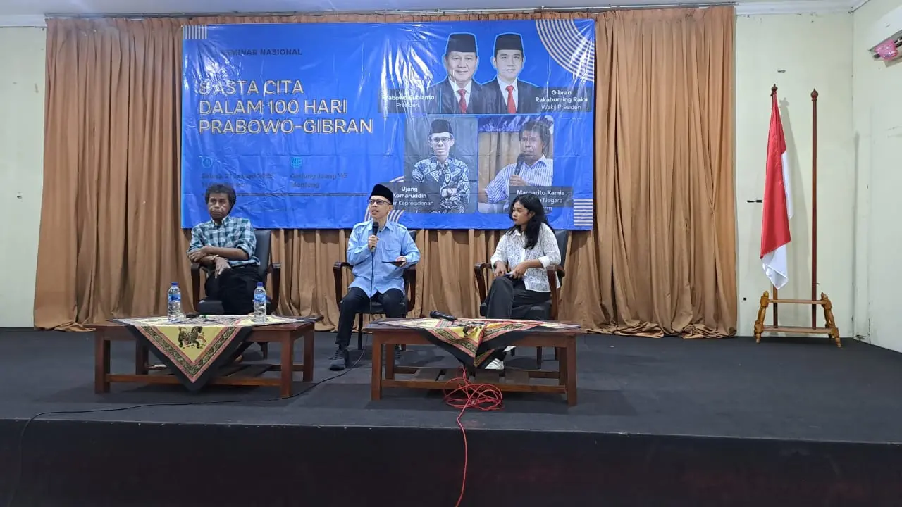 Seminar Nasional yang bertajuk "8 Asta Cita dalam 100 Hari Prabowo-Gibran" yang dihelat oleh Dewan Pimpinan Pusat Gabungan Pemuda Mahasiswa Nusantara (GPM Nus)  di Gedung Joang '45, Menteng, Jakarta Pusat, Selasa (21/1/2025) (Istimewa)