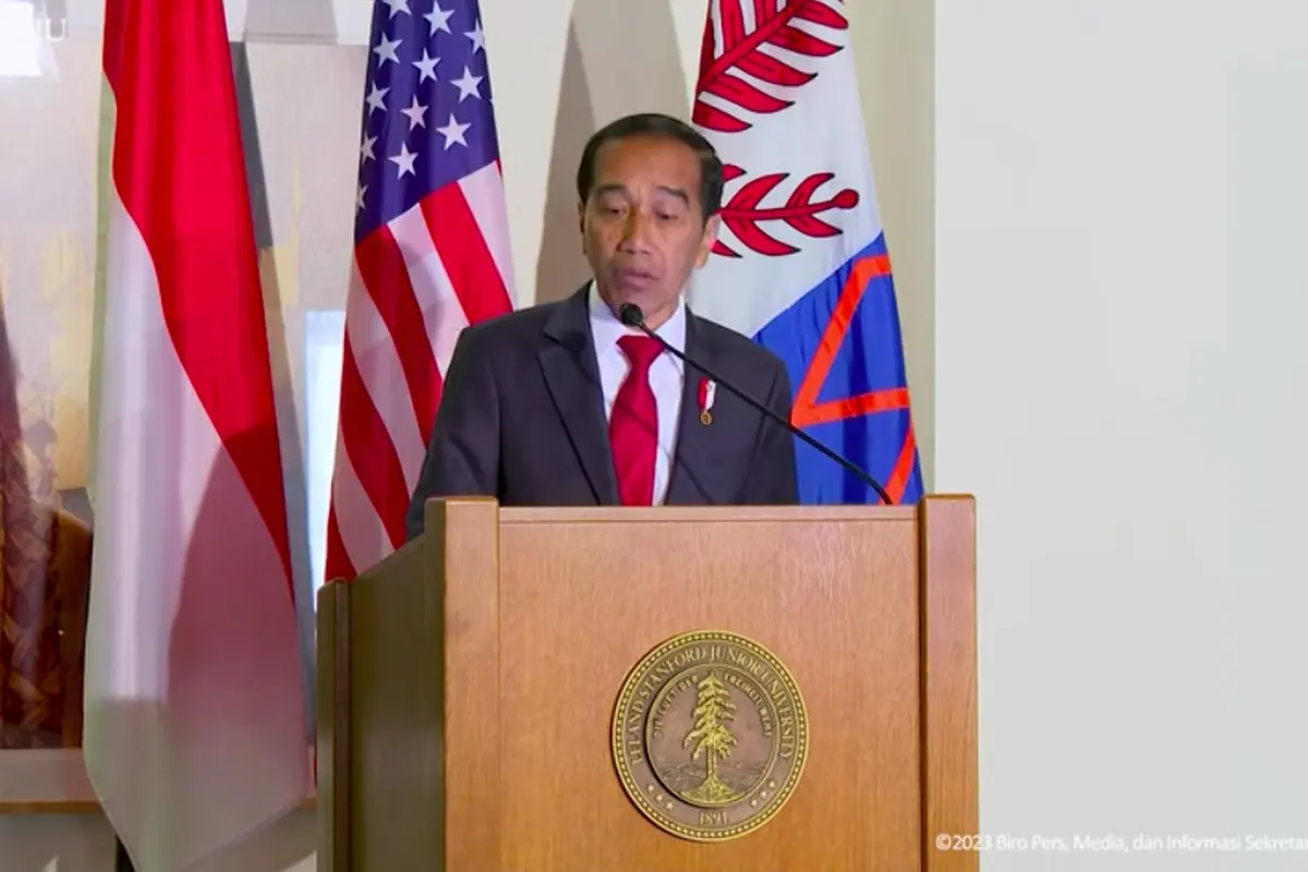 Presiden Jokowi saat menjadi pembicara dalam Kuliah Umum di Stanford University, San Fransisco, Amerika Serikat. (Istimewa)