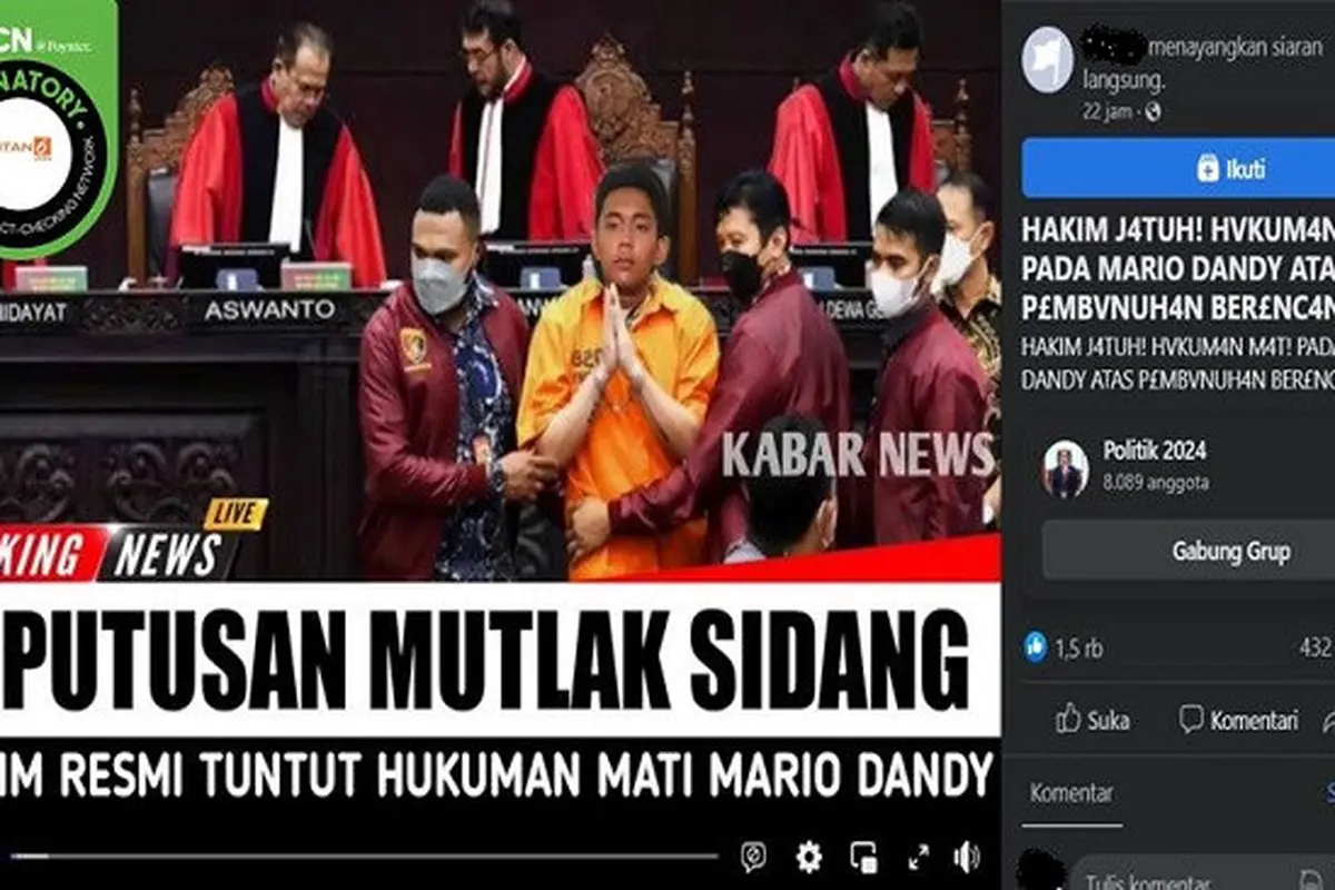 Gambar Tangkapan Layar Kabar Palsu tentang Majelis Hakim Menjatuhkan Vonis Mati Terhadap Mario Dandy atas Kasus Pembunuhan Berencana (sumber: Facebook).