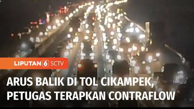 Arus balik libur natal dan tahun baru mulai terjadi di ruas Tol Jakarta Cikampek Karawang, Jawa Barat, pada Minggu (01/01) malam. Untuk mengurai kepadatan kendaraan menuju Jakarta, petugas memberlakukan contraflow sejauh belasan kilometer.