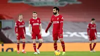 Performa Mohamed Salah dan Liverpool tengah menurun drastis di kompetisi Liga Inggris. Peluang Liverpool mempertahankan gelar makin tipis usai kalah 1-4 dari Manchester City. (Laurence Griffiths/Pool via AP)