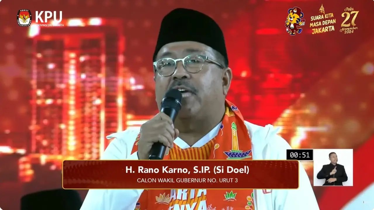 Cawagub Jakarta nomor urut 3 Rano Karno dalam debat perdana Pilkada Jakarta 2024, Minggu (6/10/2024) di JIExpo Kemayoran, Jakarta Pusat.