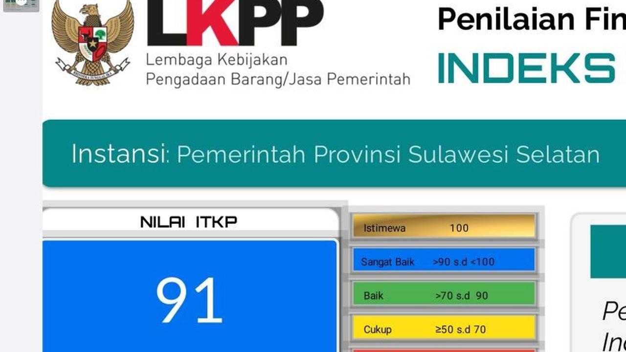 Pemprov Sulsel Raih Predikat Sangat Baik dari LKPP RI dalam Indeks Tata Kelola Pengadaan