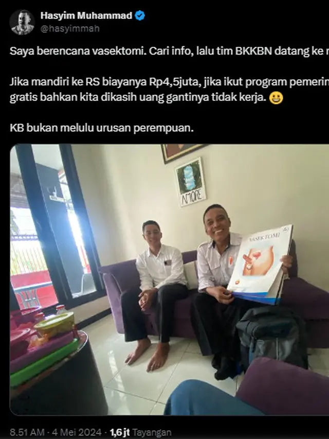 Vasektomi Pria Adalah Prosedur Kontrasepsi Permanen bagi yang Tidak Ingin Punya atau Tambah Anak (X.com/@hasyimmah)